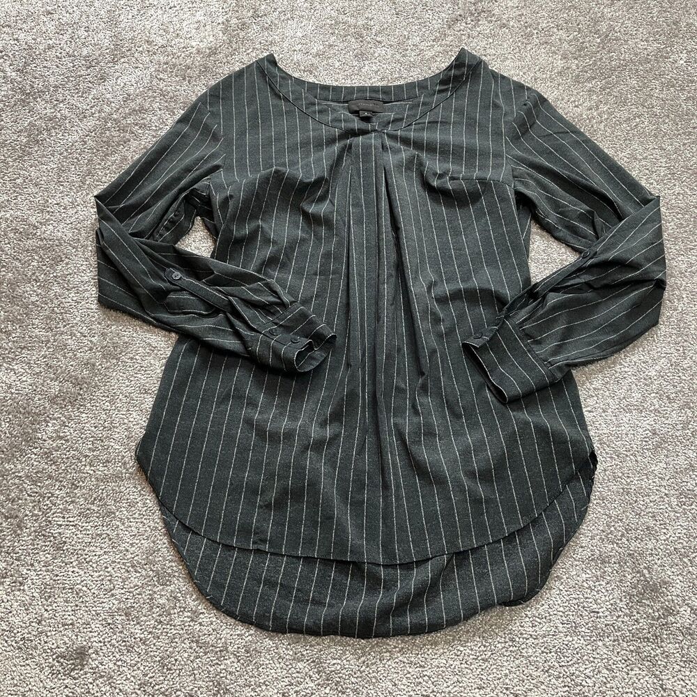 Worthington Blouse Shirt Womens Small Dark Gray Striped Long Sleeve Polyester